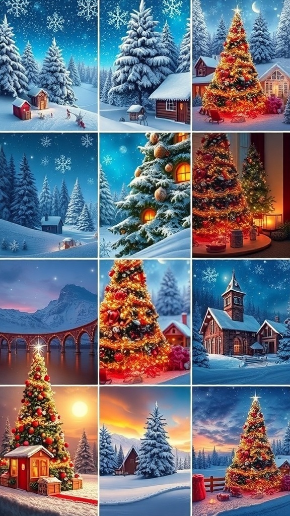 A selection of 4K Ultra HD Christmas wallpapers for iPhone, including snowy scenes and decorated trees.